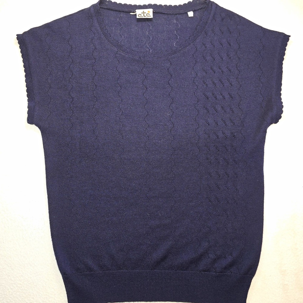 VTG eté European Knit Short Sleeve Top Navy Blue Pointelle Wavy Stitch Size 40 M